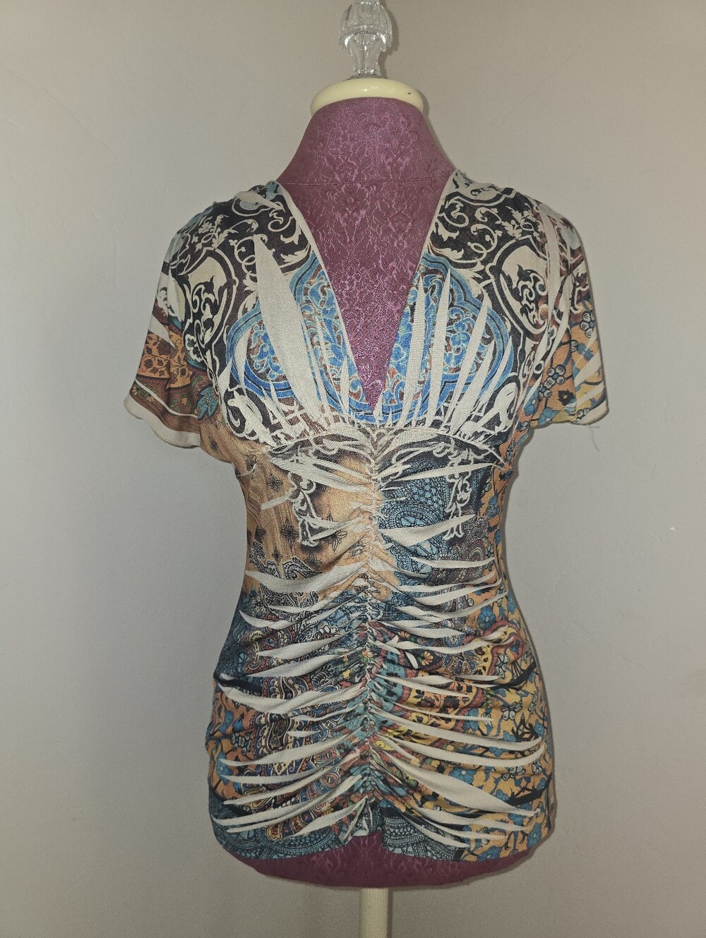 Vintage Body Central Womens Y2K Fairy Top Size L Flutter Sleeve Ruched Paisley
